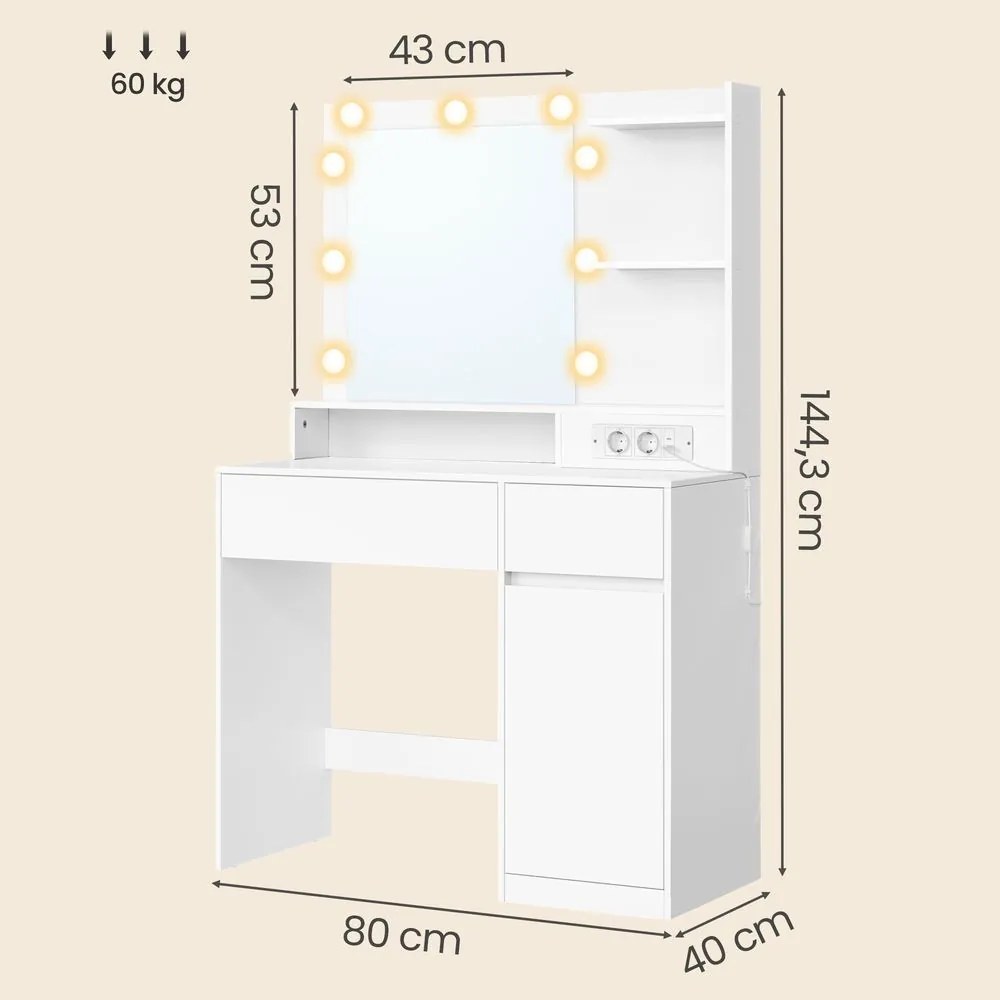 Toucador com espelho 40 x 80 x 144,3 cm, iluminação, base de carregamento e 2 gavetas, branco