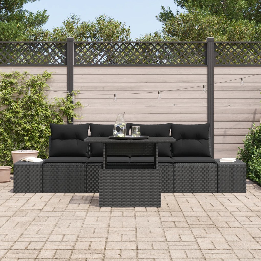 Conjunto de Sofá de Jardim de 5 Peças com Almofadas Preto Polirattan