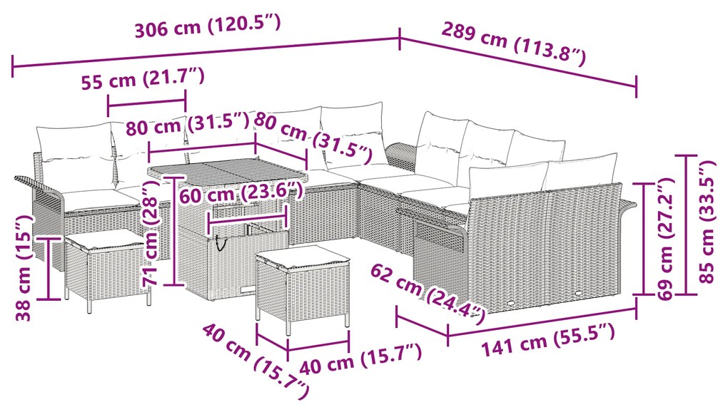 Conjunto de Sofás de Jardim vidaXL com Almofadas Pretas de Rattan de P