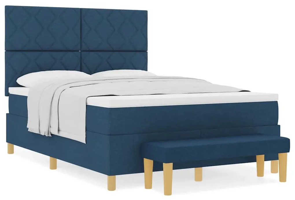 Cama Box Spring com Colchão &amp; Banco Azul 140x190 cm Tecido