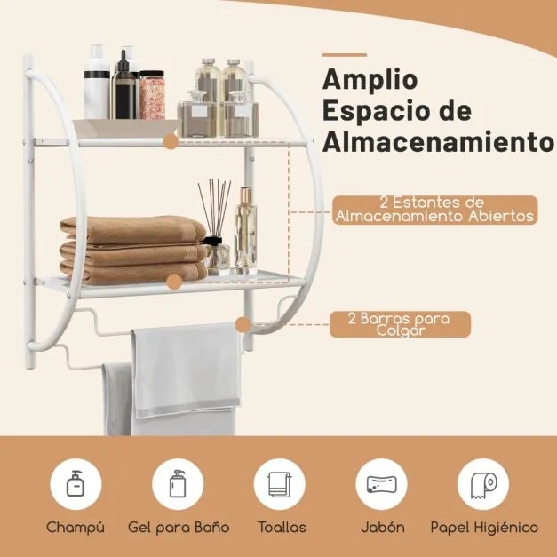 Toalheiro de parede 45 x 26 x 55 cm (C x L x A) com barra e 2 prateleiras para Casa de Banho Branco