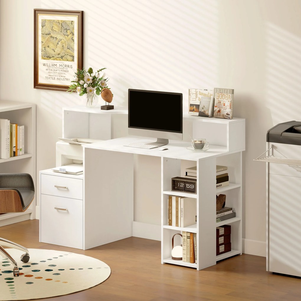 Secretária para computador, secretária com arrumação, 2 gavetas, prateleiras abertas e prateleira para impressora, 137x55x92 cm, branco