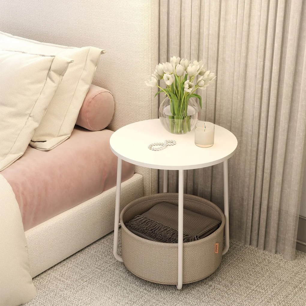 Mesa auxiliar redonda com cesto em tecido 45 x 50 cm branco + bege