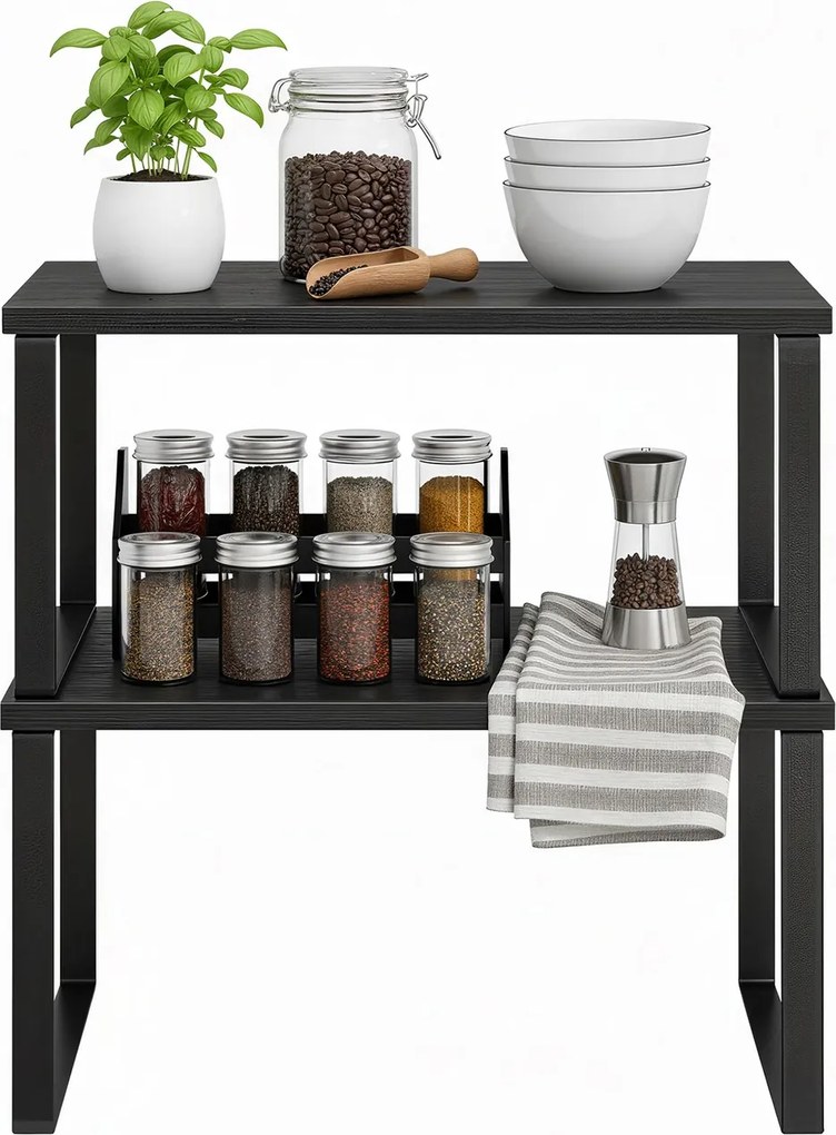 Conjunto de 2 prateleiras de cozinha, suporte empilhável para especiarias, organizador de armários para cozinha preto