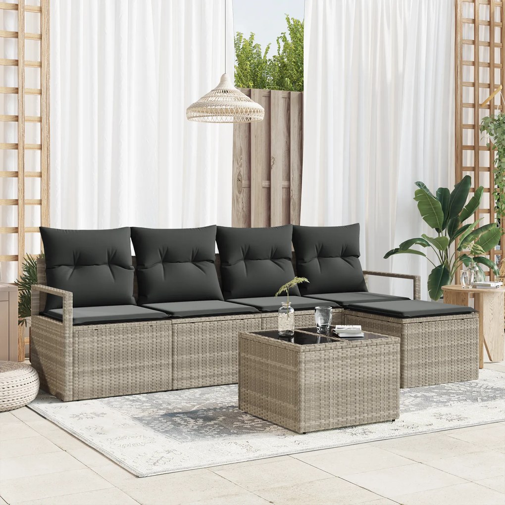 Conjunto de Sofá de Jardim de 6 Peças com Almofadas Cinza Rattan
