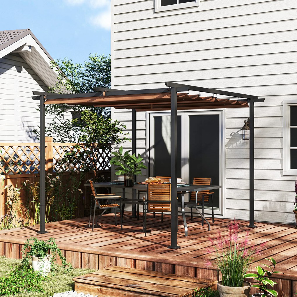 Pérgula de jardim para exterior 3x3 m com cobertura deslizante e retrátil em poliéster de alta densidade 180 g/m², abrigo solar UPF30+, castanho