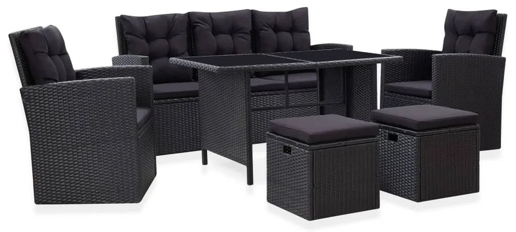 6 pcs conjunto lounge de jardim c/ almofadões vime PE preto