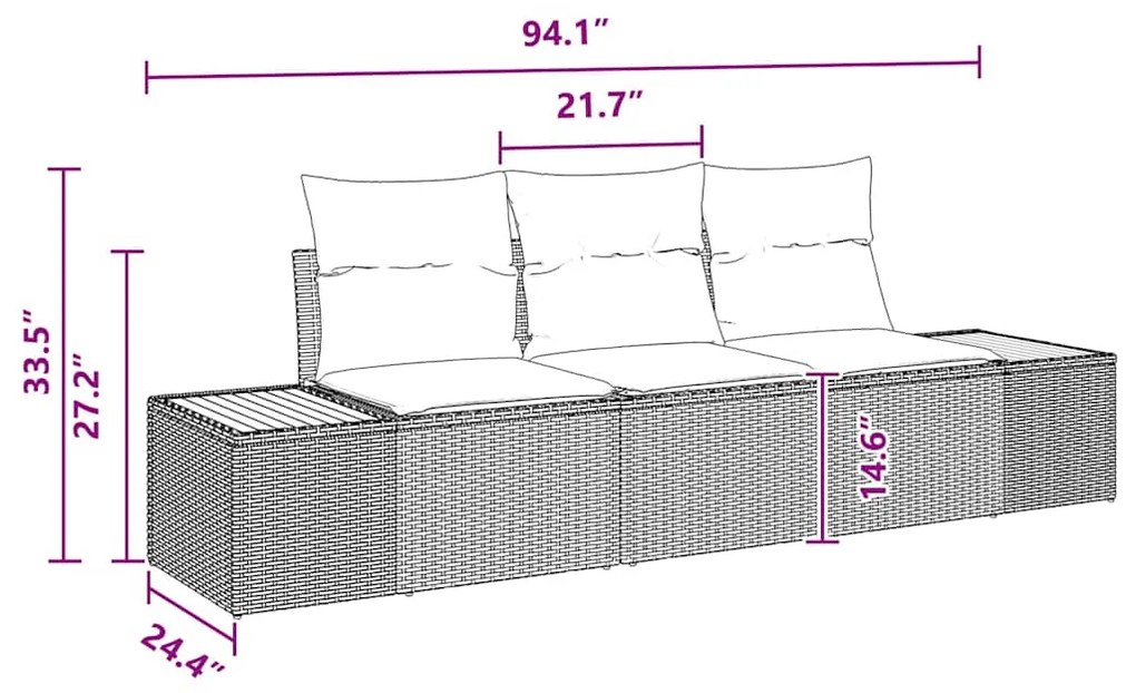Conjunto de Sofá de Jardim 3 Peças com Almofadas Pretas em Rattan de P