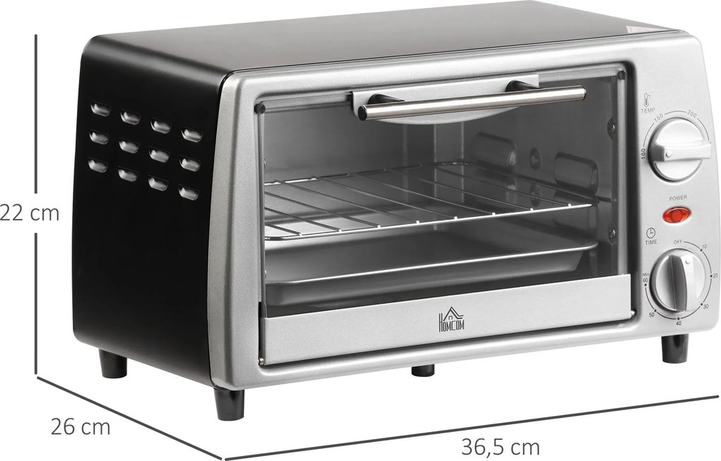 Mini Forno Elétrico de 10 Litros 750W com Temperatura até 230 °C Temporizador 60 Minutos Bandeja e Grade 36,5x26x22cm Preto e Prata