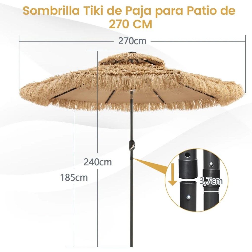 Guarda-sol LED Tiki tipo palha para jardim 270 cm com 32 luzes LED Luz central Painel solar 8 hastes Manivela manual e botão de pressão cor natural