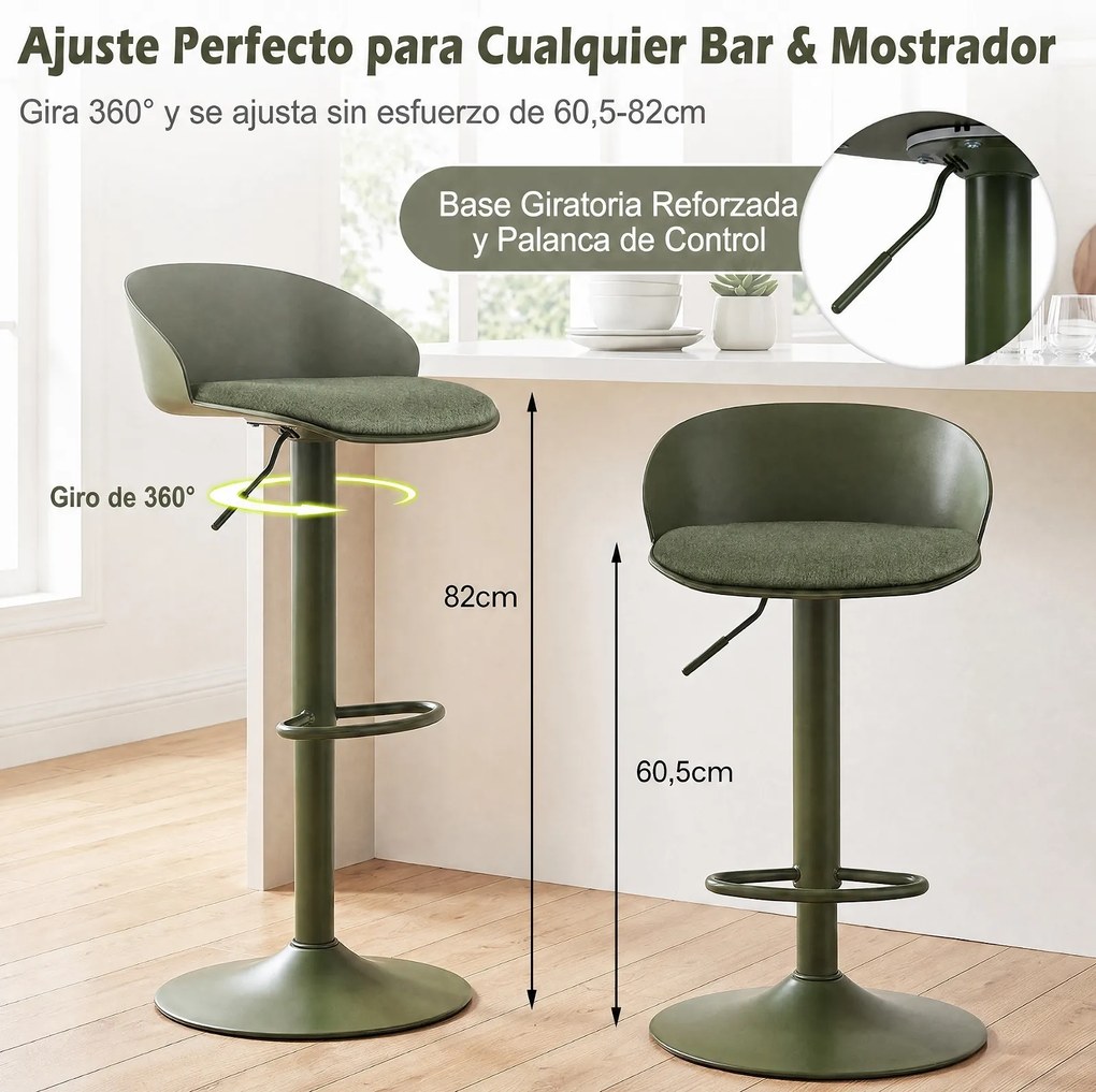 Conjunto de 2 Bancos de Bar Giratórios, 42 x 42 x 75-96,5 cm, Altura Regulável, Verde