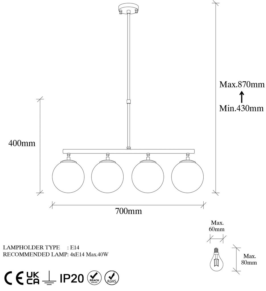 Chandelier Fazli – Preto, Dourado e Branco – 70 x 15 x 43-87 cm