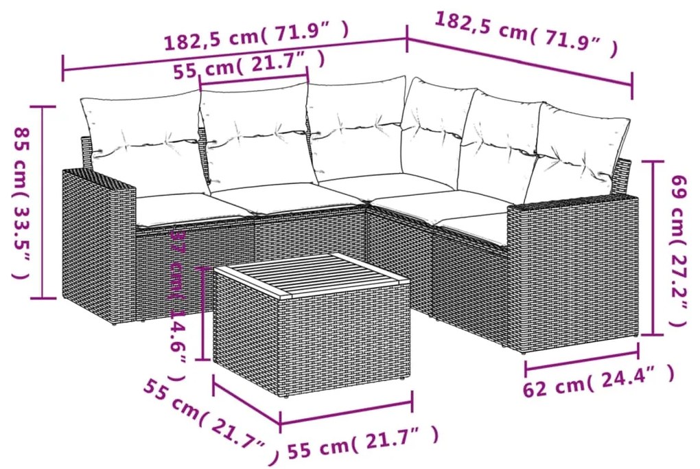 6 pcs conjunto de sofás p/ jardim com almofadões vime PE bege