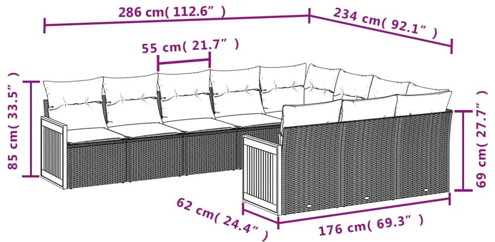 10 pcs conjunto sofás de jardim c/ almofadões vime PE cinzento