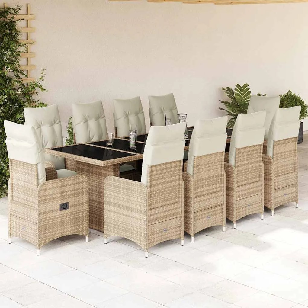 vidaXL 11 pcs conjunto de bistrô p/ jardim c/ almofadões vime PE bege