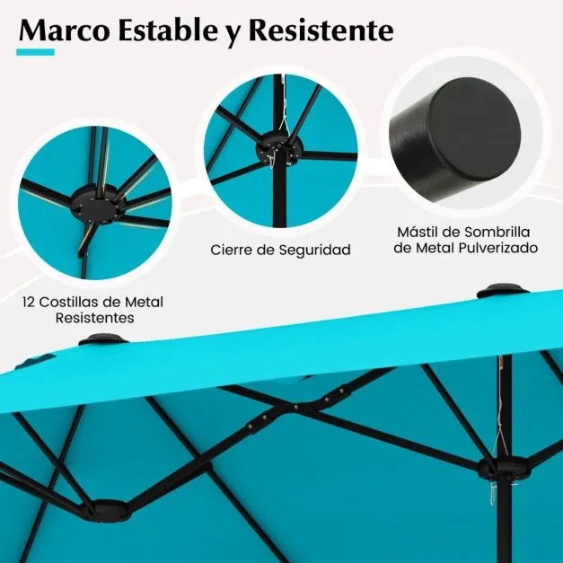 Guarda-sol duplo 400x200 cm jardim duplo para exterior com base recarregável, manivela e 12 varas de alta resistência Turquesa