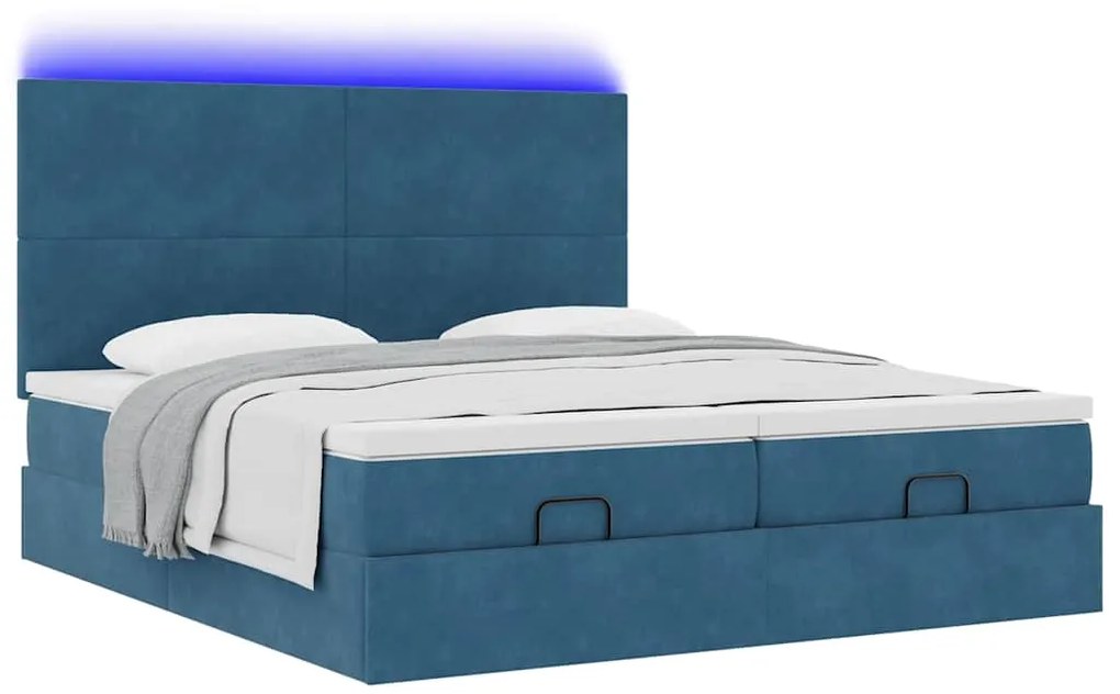 Cama otomana com colchões/LEDs 200x200 cm veludo azul-escuro