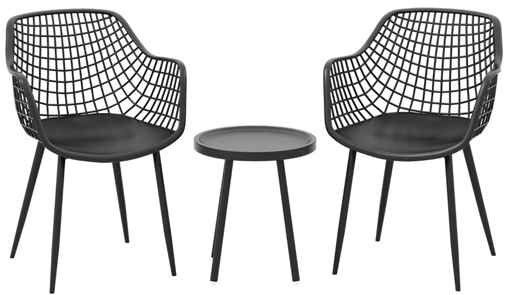 Conjunto de jardim de 3 peças 2 cadeiras Bistro e mesa de apoio PP Metal Stand Conjunto de mobiliário de exterior para interior Preto