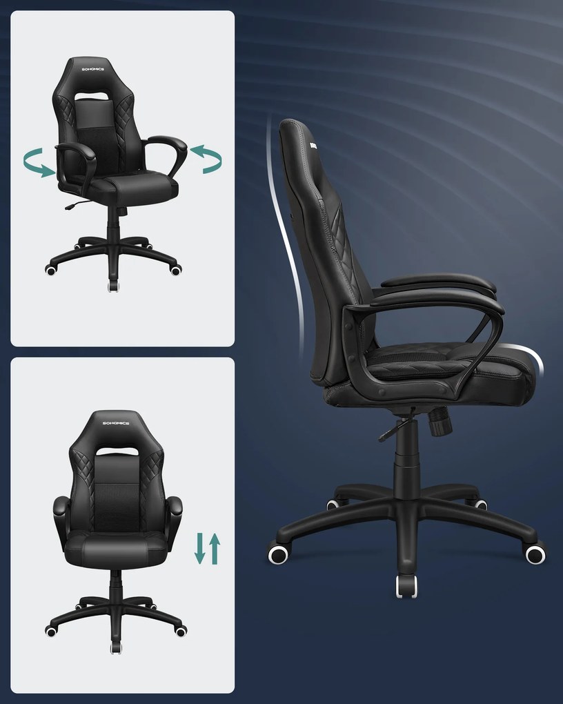 Cadeira gaming ergonómica e ajustável preta