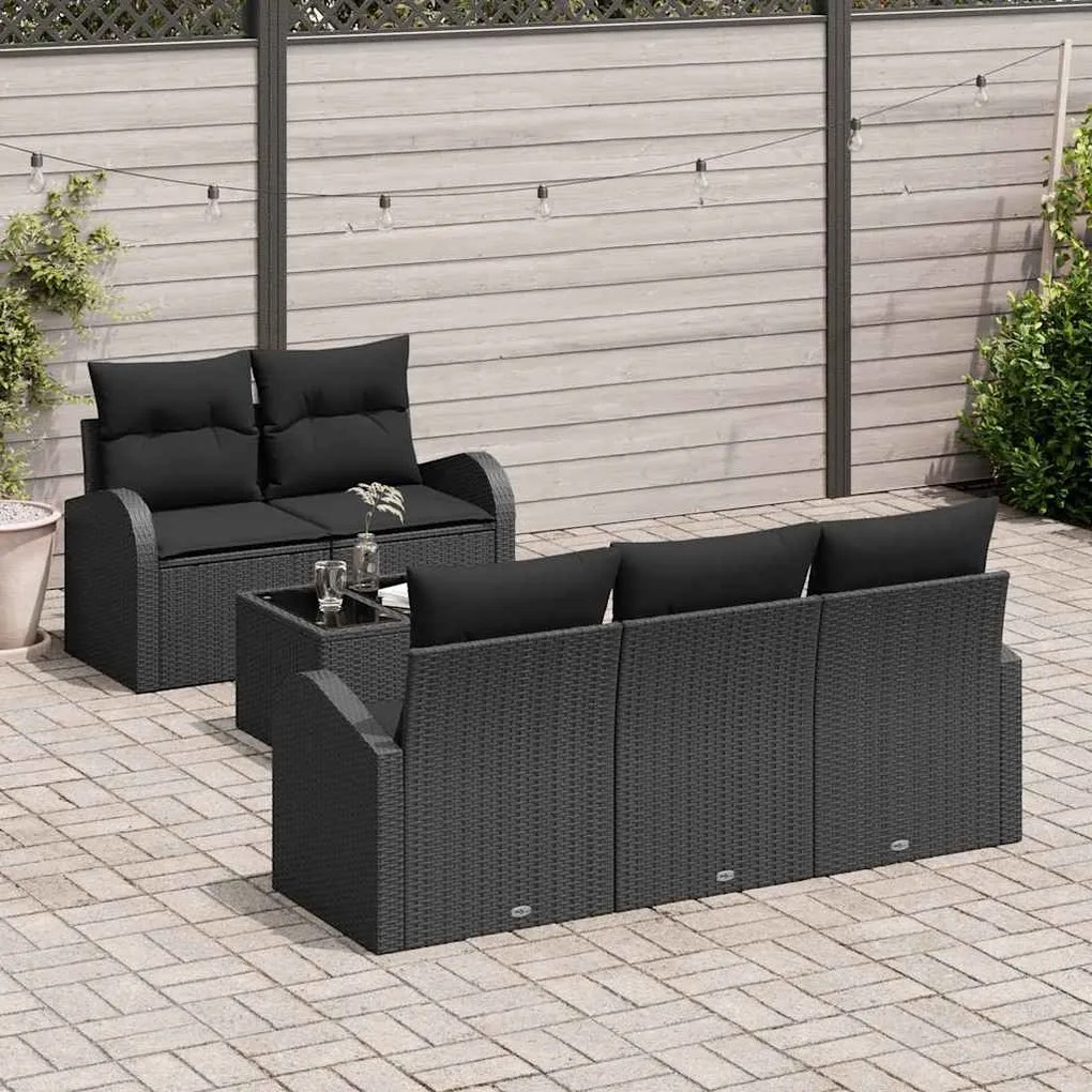vidaXL Sofá de Jardim com 6 Peças e Almofadas em Rattan Poliéster Preto