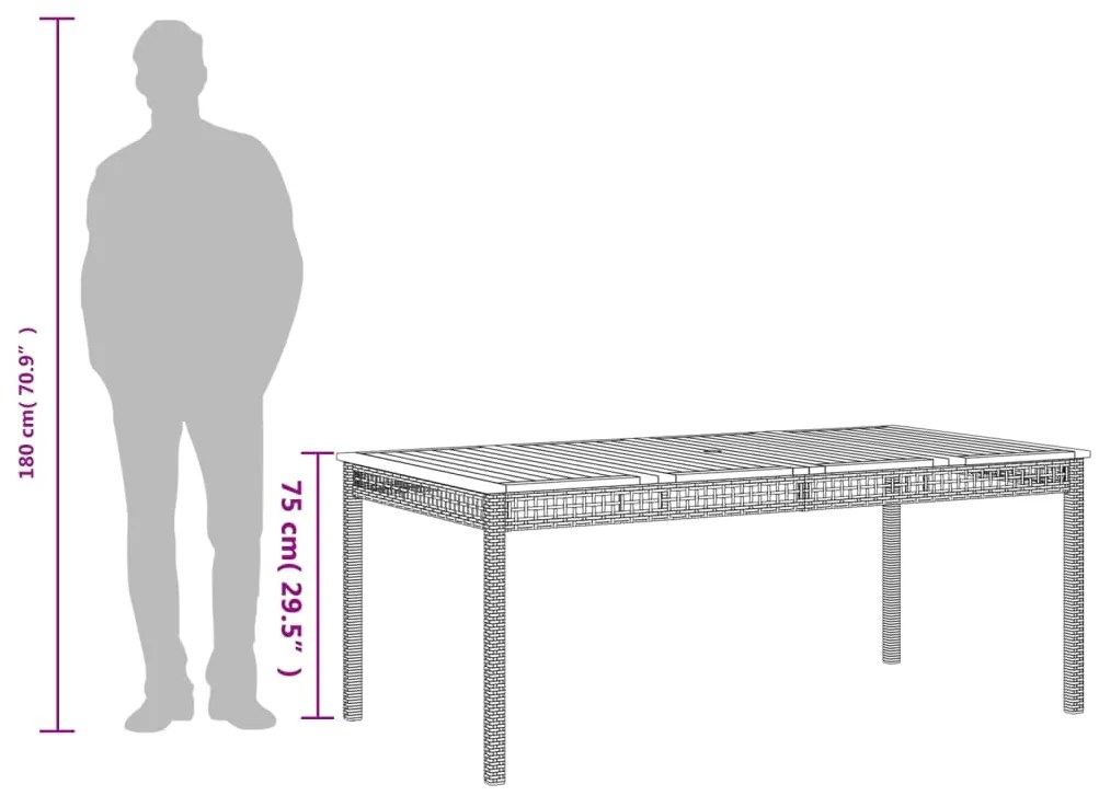 Mesa de jardim 180x90x75cm vime PE e madeira de acácia cinzento