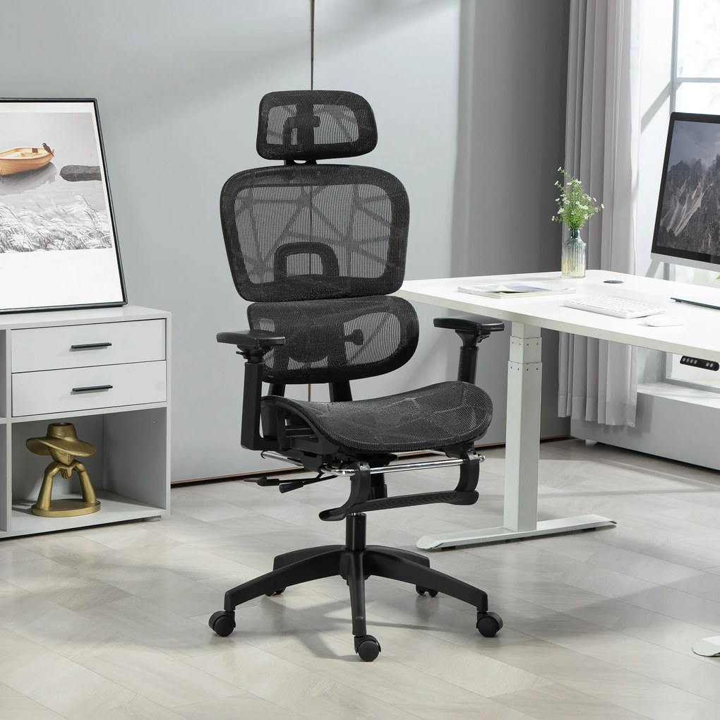 Cadeira de escritório, cadeira de escritório ergonómica em malha com braços 3D, encosto reclinável, 66 x 64 x 122 cm, preta