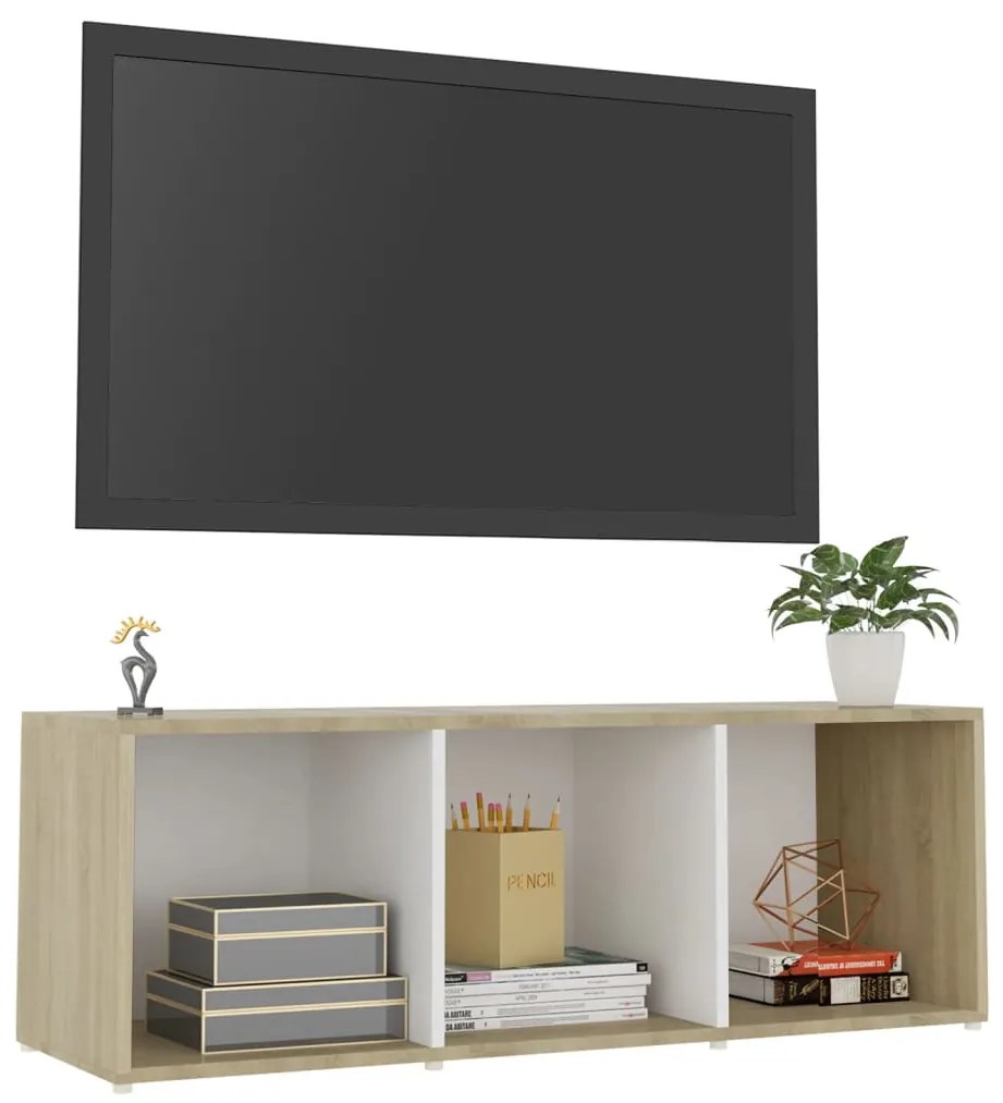 Móvel de TV 107x35x37 cm contraplacado branco e carvalho sonoma