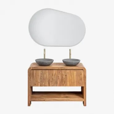 Conjunto De Móvel De Casa De Banho Em Madeira Vacry Castanho Acácia & 2 X Cimento Cinzento Redondo Ø40 Cm Tarsis & Oval Led E Anti-embaciamento 120x80