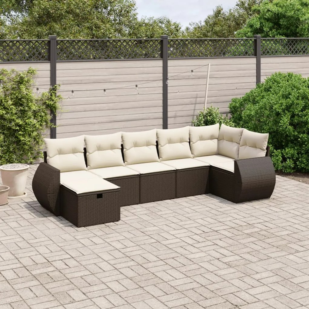 7 pcs conjunto de sofás jardim c/ almofadões vime PE castanho