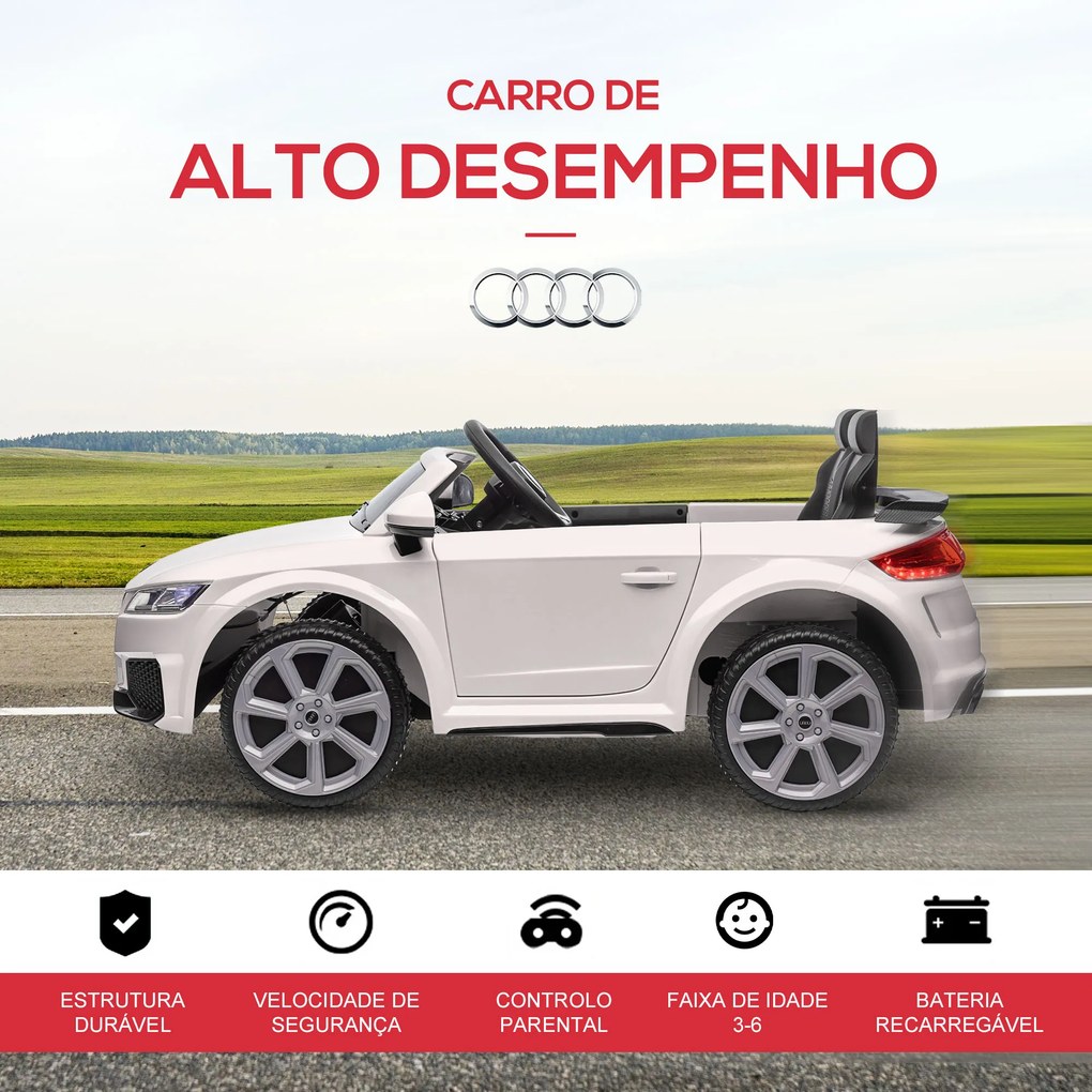 Carro Elétrico Audi TT para Crianças acima de 3-5 anos com Controlo Remoto Música e Luzes Bateria 12V 102x60x44 cm Branco