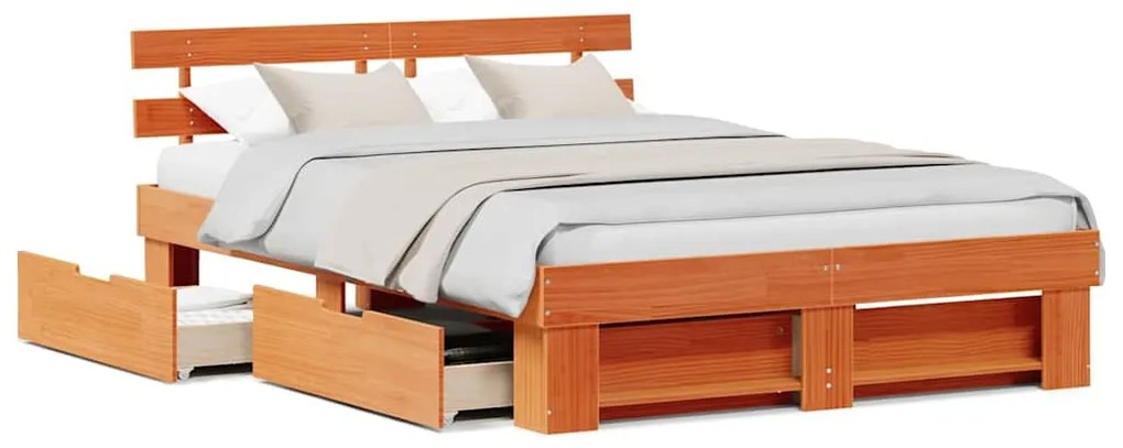Estrutura da Cama com gaveta com cabeceira com armazenamento Castanho-