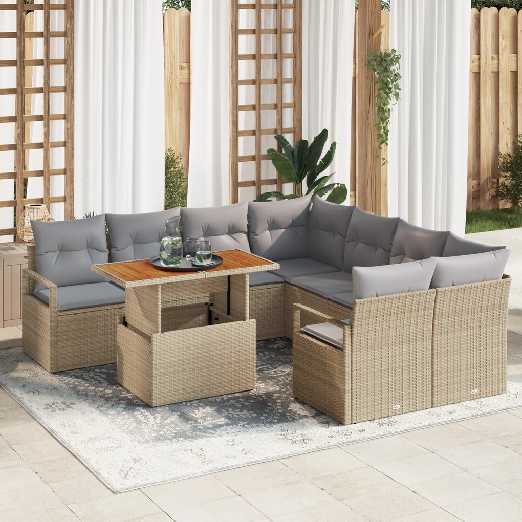 Conjunto de Sofá de Jardim de 9 Peças com Almofadas Bege Rattan Poliés