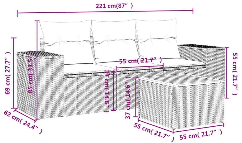 4 pcs conjunto de sofás para jardim c/ almofadões vime PE preto
