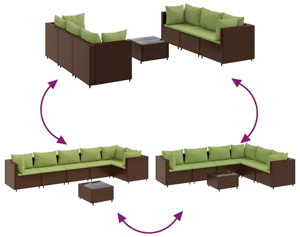 7 pcs conjunto lounge de jardim c/ almofadões vime PE castanho