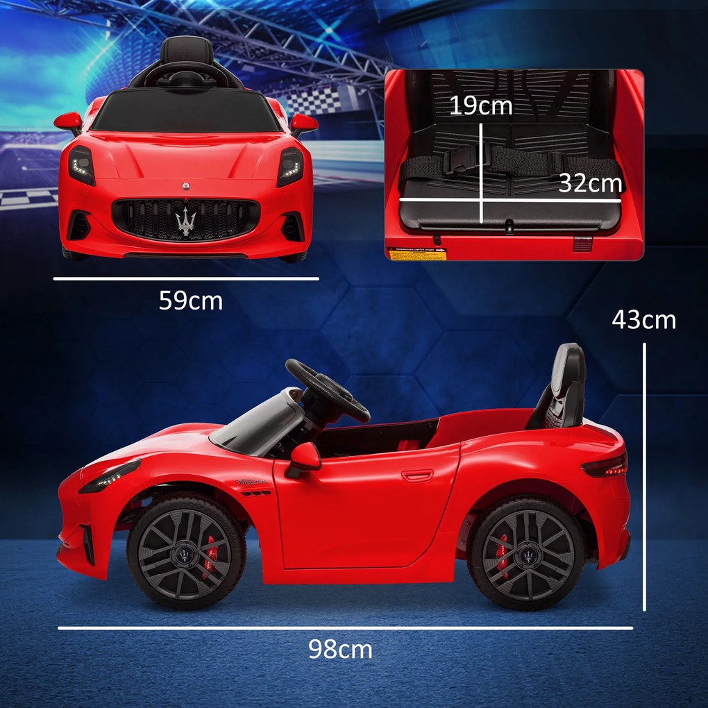 Carro Elétrico para Crianças Maserati Gran Turismo Folgore 12V Controlo Remoto Faróis Buzina e Música MP3 98x59x43 cm Vermelho