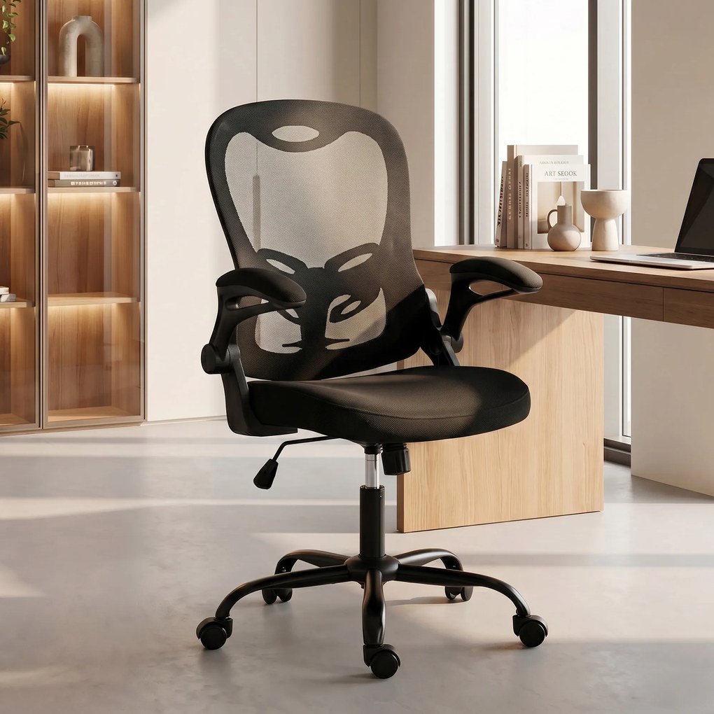 Cadeira de escritório ergonómica, em malha, braços rebatíveis, altura ajustável preta