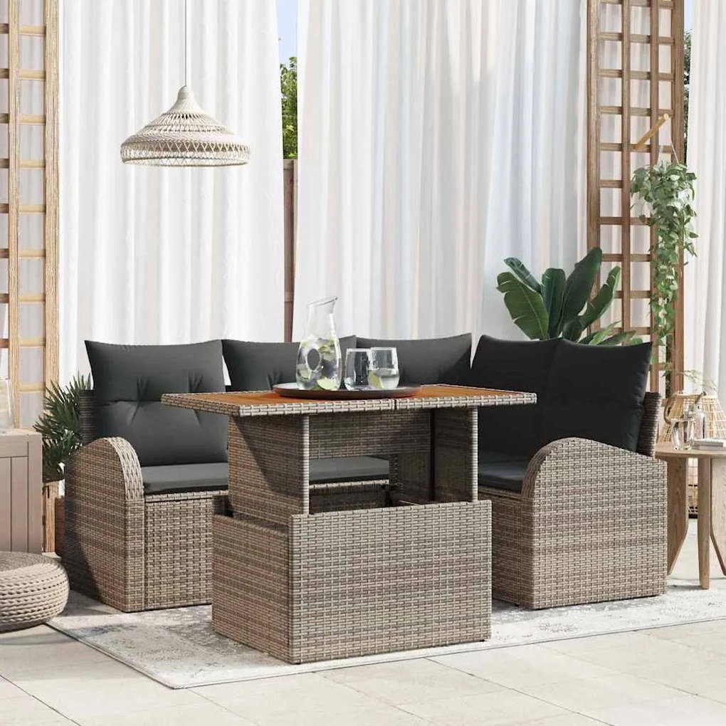 Conjunto de Sofás de Jardim de 5 Peças com Almofadas Cinza em Rattan