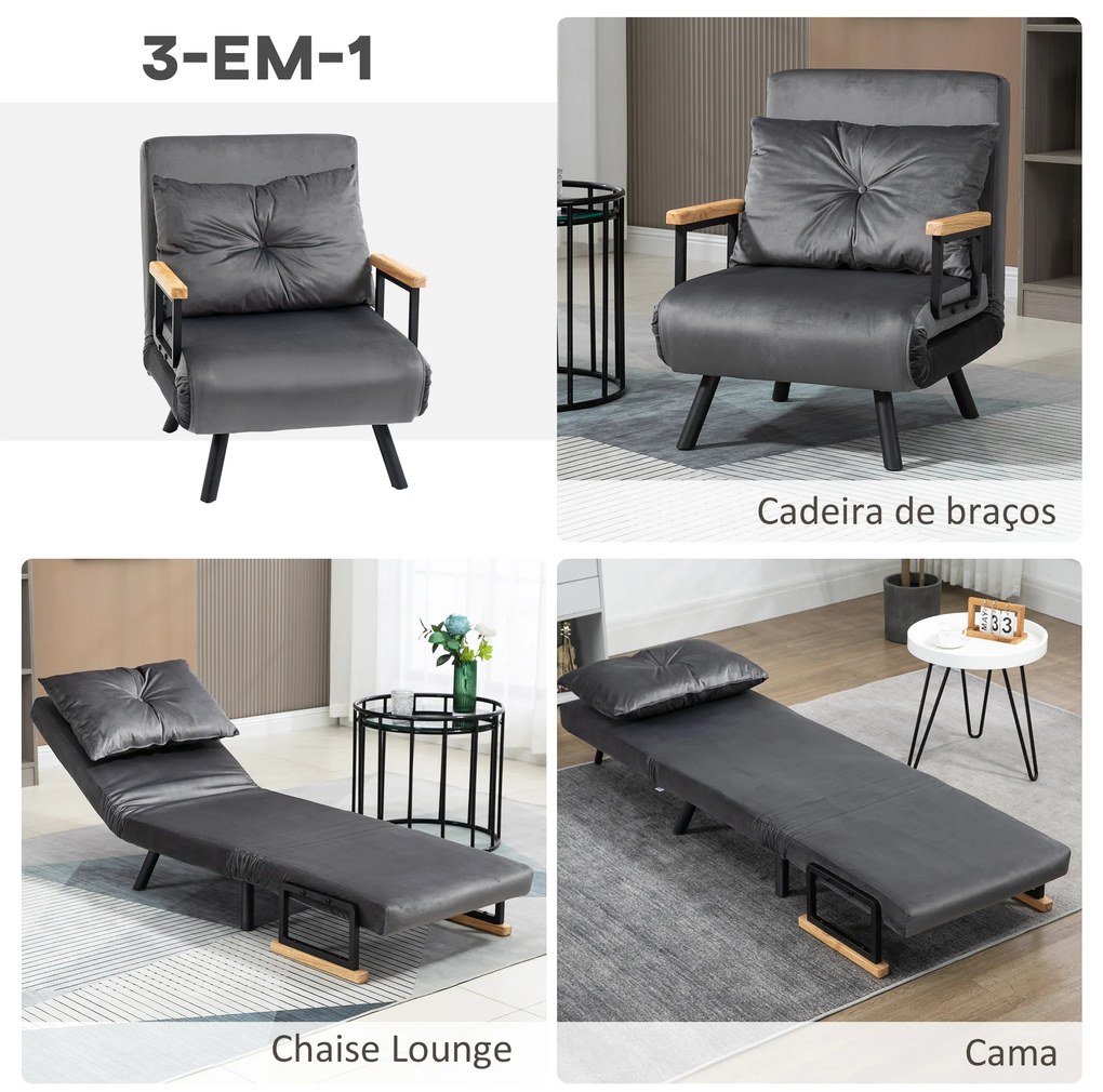 Poltrona Convertível em Cama Poltrona 3 em 1 Convertível em Cama com Encosto Ajustável em 5 Níveis 63x73x81 cm Cinza