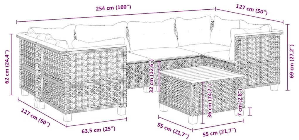 7 pcs conjunto de sofás p/ jardim com almofadões vime PE bege