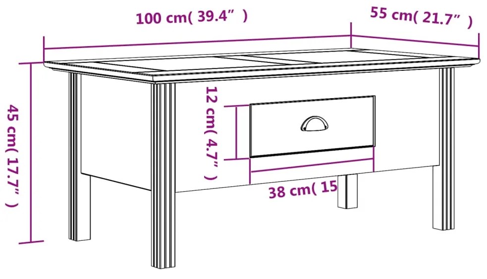 Mesa de centro BODO 100x55x45 cm madeira pinho maciça cinzento