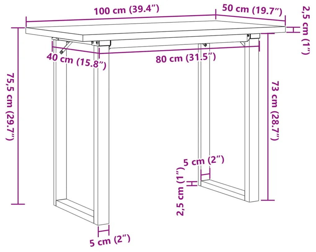 Mesa de jantar estrutura em O 100x50x75,5cm pinho/aço