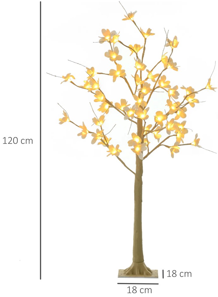 HOMCOM Árvore Cerejeira Altura 120 com 48 Luzes LED IP44 em Branco Quente Ramos Flexíveis e Base de Candeeiro Árvore de Decoração de Natal para Interiores 18x18x120cm Cáqui