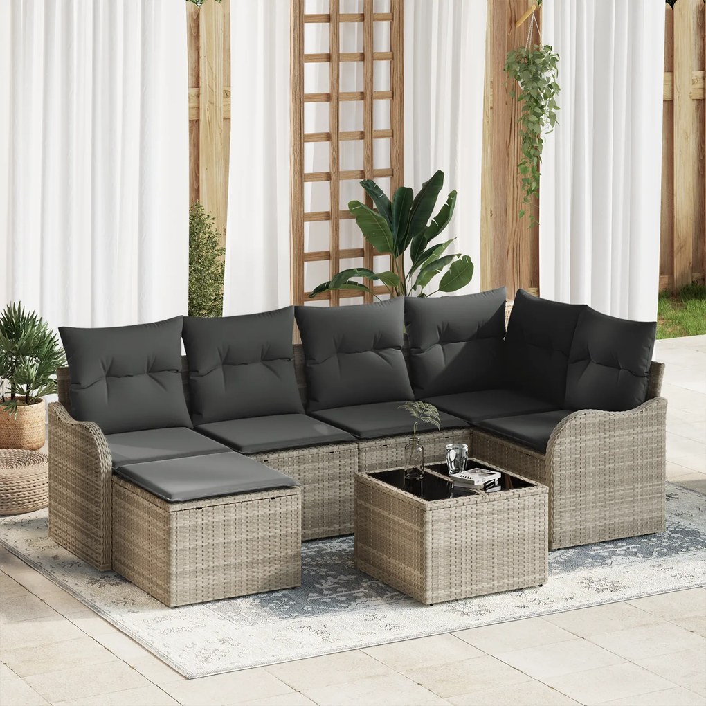 Conjunto de Sofá de Jardim Com Almofadas vidaXL 7 Peças Cinza Rattan Poliéster