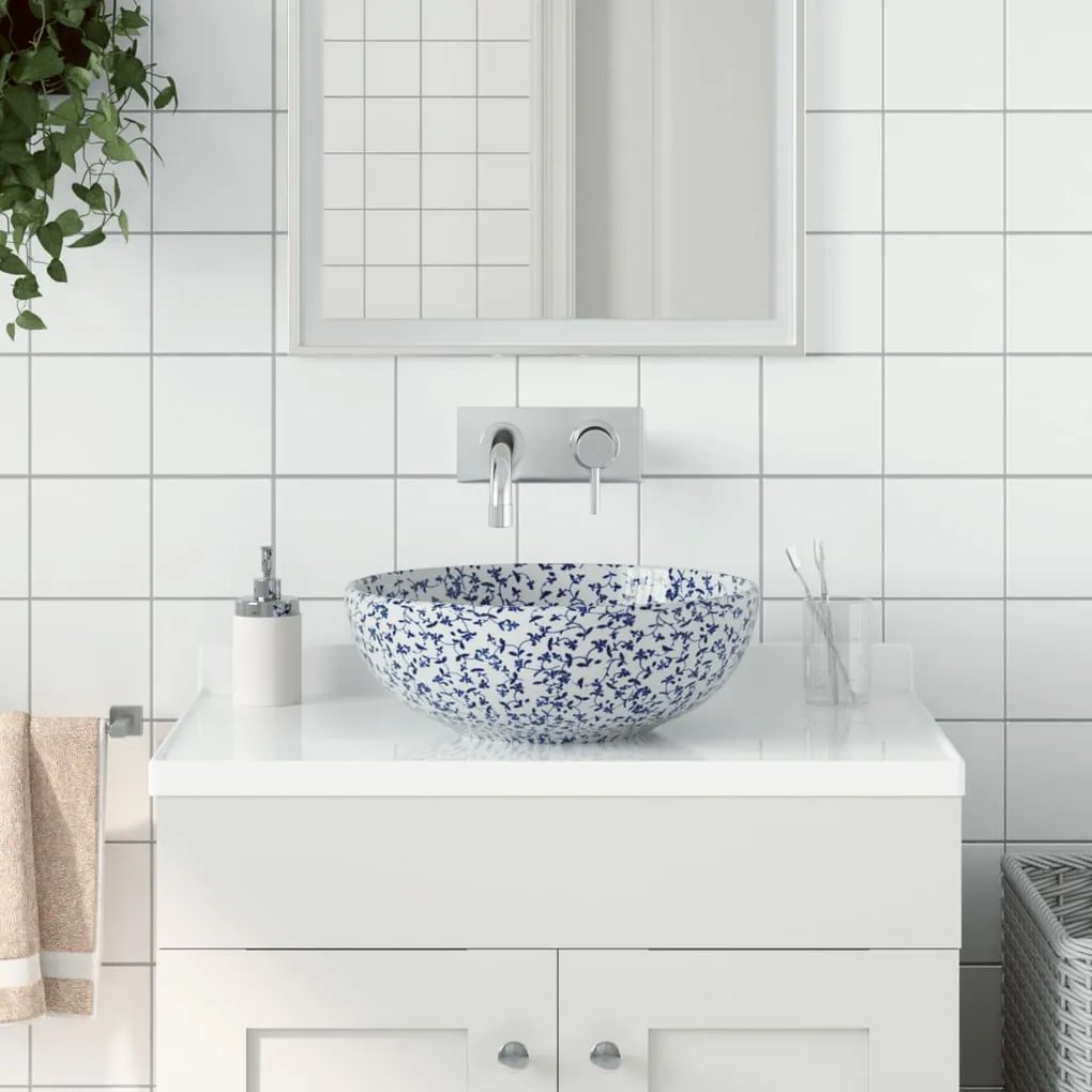 vidaXL Pia de bancada redonda Φ41x14 cm cerâmica azul e branco