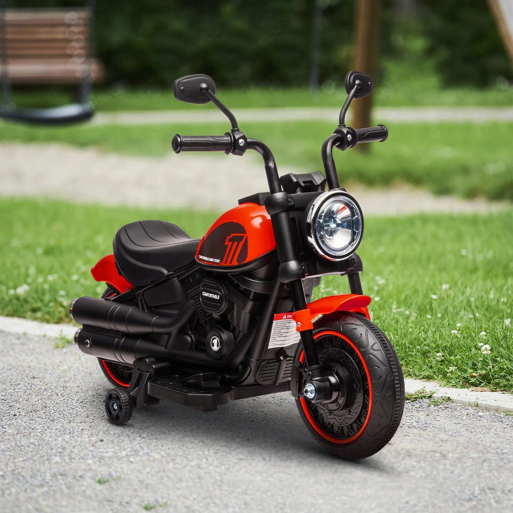 Moto elétrica para crianças a 3 km/h, 6 V, com farol LED, 2 rodas de apoio, para idades entre os 18 e os 36 meses, com motor potente, vermelha