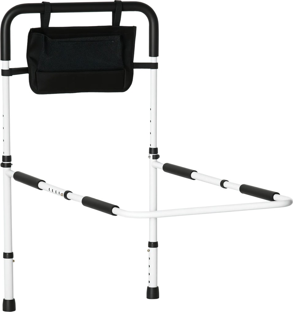 Barra de apoio para cama com pés, proteção ajustável em 5 alturas, bolso de arrumação, 52 x 85-95 x 71-102 cm, branco e preto