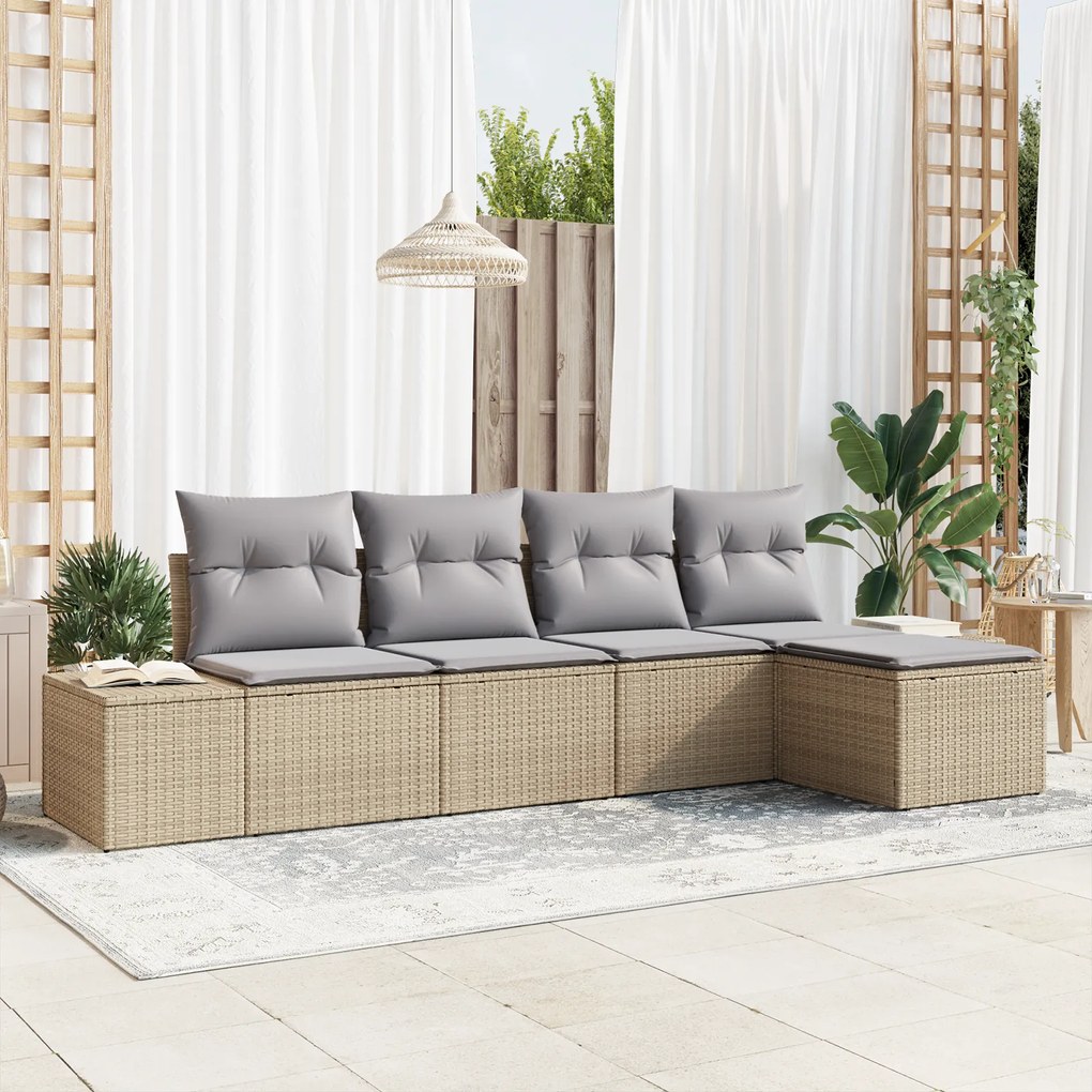 vidaXL Conjunto de Sofá de Jardim de 5 Peças com Almofadas Bege Rattan Sintético