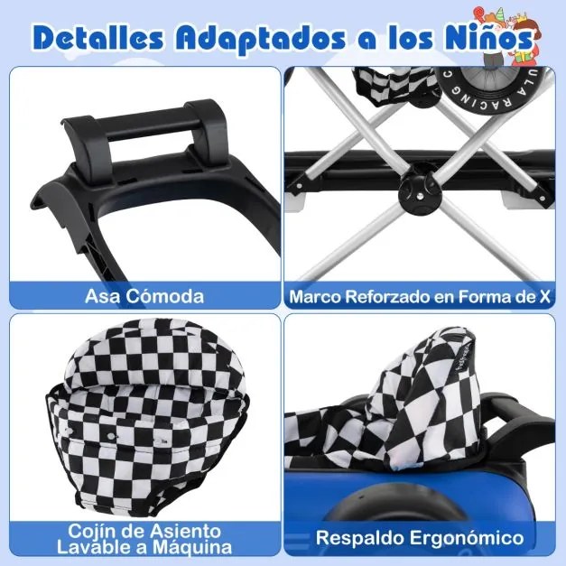 Andarilho para bebés 4 em 1 com altura ajustável em 3 níveis, volante, com assento almofadado e caixa de música azul