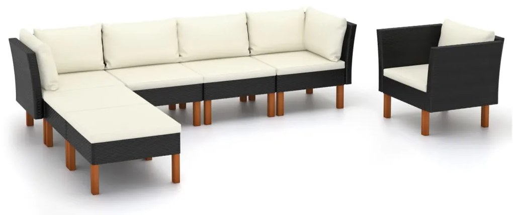 7 pcs conj. lounge jardim vime PE e madeira de eucalipto preto