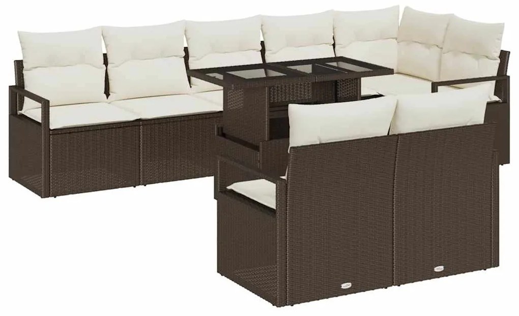 Conjunto de Sofá de Jardim com 9 Peças e Almofadas Castanho Rattan Pol